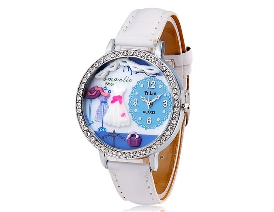 Crystal Decoração Round Dial Analog Watch (Branco)