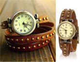 HotItem Rivet Decorado Três Loops couro Pulseira Analog Watc